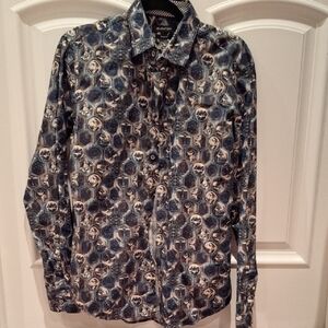 Bugatchi Blue and White Geometric Shirt Medium